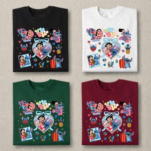 May include: Four t-shirts in black, white, dark green, and maroon, each featuring a graphic print of Lilo and Stitch with the text Best Friends Forever, surrounded by colorful icons including balloons, pineapples, and polaroid-style photos.