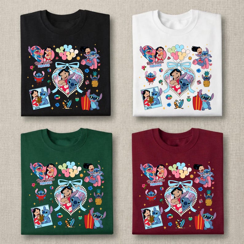 May include: Four t-shirts in black, white, dark green, and maroon, each featuring a graphic print of Lilo and Stitch with the text Best Friends Forever, surrounded by colorful icons including balloons, pineapples, and polaroid-style photos.