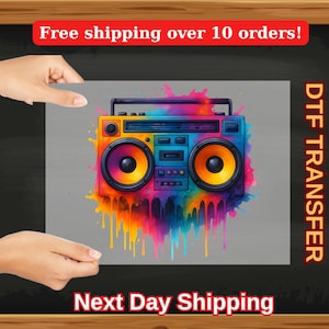 Colorful Retro Boombox Ready To Press For T-Shirt, Neon 80s 90s Music Shirt Print, Dripping Paint Iron On , Vintage Hip Hop Radio Design