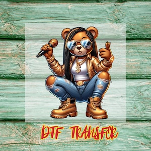 Hip Hop Bear DTF Transfer, Cool Girl Rapper Shirt Ready To Press, Urban Streetwear Graphic, Braided Hair Teddy Print, Swag Style Heat Press