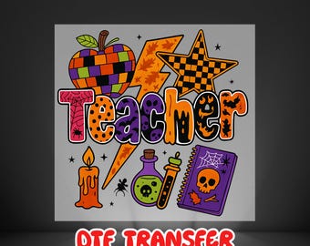 Prêt à presser, transfert DTF pour professeur d'Halloween, thermocollant effrayant pour professeur pour chemises, transfert à chaud pour professeur de sorcière mignonne