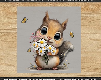Niedliches Eichhörnchen mit Gänseblümchen DTF Transfer - bereit zum Pressen entzückende Tierchen mit Blumen