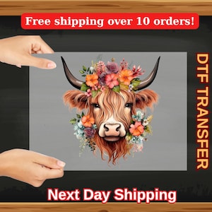 Highland Cow Floral DTF Transfer, Boho Western Cow Ready To Press Print, Rustic Farm Animal Graphic for Country Girls, Cute Heat Transfer