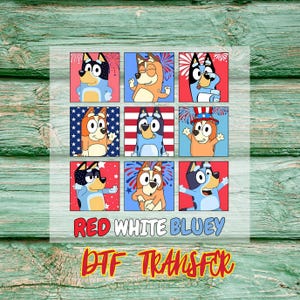Red White Bluey DTF Transfer, Ready To Press, Patriotic Cartoon Dog Heat Transfer for Shirts, 4th of July Kids Tee Print, Fireworks USA Tee