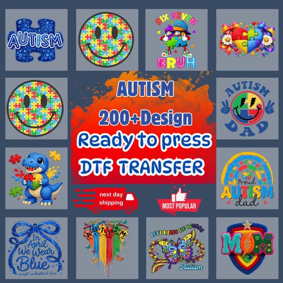 Autism Family 64 Design DTF Transfer, Proud Mom Dad Iron On, Awareness Heart Puzzle, Ready to Press Collection