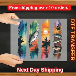 May include: DTF transfer featuring fishing scenes. The design includes silhouettes of anglers, fish, and fishing gear against colorful watercolor backgrounds. The text "Next Day Shipping" is visible at the bottom.