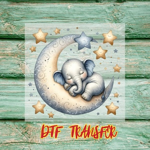 Sleeping Baby Elephant on Moon DTF Transfer, Ready to Press Nursery Night Sky Shirt Design, Cute Animal Dreamy Stars Print for Kids