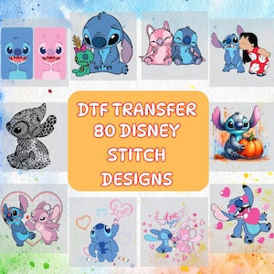 Op de afbeelding: Een verzameling DTF-transferontwerpen met het Disney-personage Stitch. De ontwerpen bevatten verschillende afbeeldingen van Stitch in verschillende poses en stijlen, waarbij sommige ontwerpen andere personages en tekst bevatten. De tekst "DTF TRANSFER 80 DISNEY STITCH DESIGNS" wordt weergegeven in een grote oranje rechthoek.