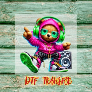 DJ Teddy Bear DTF Transfers, Hip Hop Hoodie Bear Ready to Press, Colorful Music Lover Shirt Design, Cool Streetwear Animal Print, Urban Vibe