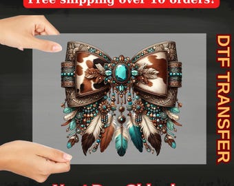 Western bow dtf, cowhide turquoise bow dtf transfer, western cowgirl iron on, boho feather ready to press