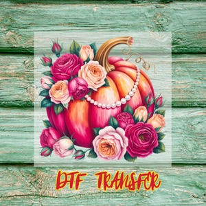 Elegant Pumpkin Floral DTF Transfers, Fall Aesthetic Ready to Press, Pink Rose Thanksgiving Design, Vintage Pearl Autumn Print, Cozy Harvest