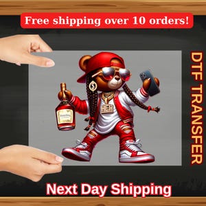 Hip Hop Bear DTF Transfer, Swag Teddy with Phone and Bottle Tee, Urban Streetwear Iron On Design,Cool Graphic Print for T-Shirts & Hoodies