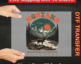 Montana Mountain Adventure DTF Transfer Ready to Press, Retro Outdoor Moose Nature Heat Press Decal