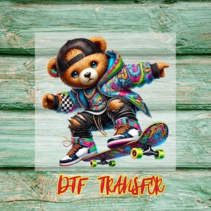 Cool Skateboard Bear DTF Transfers, Urban Streetwear Ready to Press, Colorful Hip Hop Teddy Design, Trendy Kids Shirt Print, Graffiti Skate