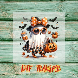 Ghost Girl Halloween Heat Transfer: Pumpkin Latte Witch DTF Print