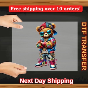 Cool Hip Hop Bear DTF Transfer, Colorful Street Style Teddy DTF, Urban Fashion Iron On, Trendy Swag Shirt Print for Teens & Men