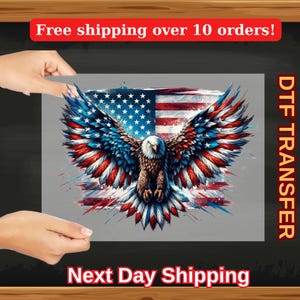 American Eagle DTF Transfer, Patriotic Bald Eagle with Flag, Red White Blue Iron On, 4th of July USA Shirt Print, Freedom Graphic DTF