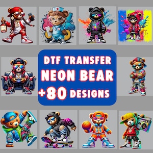 Neon Teddy Bear Dtf Transfer For T-Shirt, Colorful Cool Bear Designs for Shirts, Hip Hop Style Cartoon Iron On, Bright Streetwear Graphics