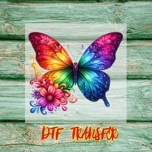Rainbow Butterfly DTF Transfer, Vibrant Colorful Insect Design with Floral Accents, Ready to Press Iron-On, DIY Shirt Heat Transfer