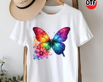 Rainbow Butterfly DTF Transfer: Vibrant Floral Insect, Ready to Press
