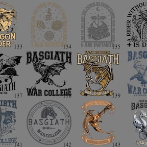 May include: A collection of twelve graphic designs featuring dragon illustrations and text related to Basgiath War College. Each design includes unique dragon imagery, ranging from silhouettes to detailed sketches, paired with text like Dragon Rider.