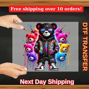 Streetwear Bear DTF Transfer, Neon Graffiti Hip-Hop Teddy Iron On Shirt, Urban Colorful Bear Shirt Print, Cool Boys Heat Transfer