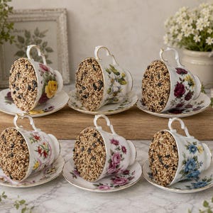 May include: Six floral teacups, repurposed as bird feeders, filled with birdseed and placed on saucers. The cups have gold trim and feature various floral patterns in shades of yellow, pink, and blue. They are arranged on a wooden board, creating a charming garden display.