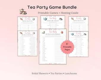 Könnte beinhalten: Ein Tee-Party-Spiel-Set mit druckbaren Spielen und einem Gastgeber-Leitfaden. Die Sammlung enthält Mind Match, This or That, Rom-Com Quiz und Word Scramble Blätter, verziert mit Tee-Illustrationen und einem Abzeichen für 17 druckbare Seiten.