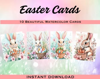 Tarjetas de Pascua adorables / Tarjetas de Pascua para imprimir / Tarjeta de Pascua con conejito en acuarela / Descarga digital de tarjeta de Pascua / Descarga instantánea de tarjeta de Pascua