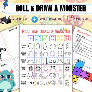 May include: Printable game set for kids to roll dice and draw a monster. The set includes four pages with instructions, dice templates, and monster drawing templates. The game is designed to help kids develop their creativity and imagination.