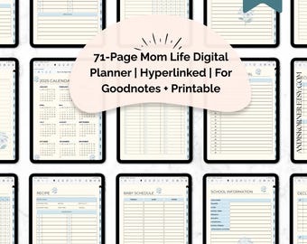 Digital Mom Planner | 71-Page Hyperlinked Goodnotes & Printable PDF | Baby, School, Chores, Meals, Calendar and Family Organizer