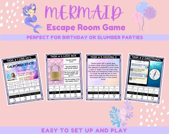 May include: A printable escape room game themed around mermaids. The game includes five tasks with clues and puzzles to solve. The tasks are titled "Line-W-L", "Lock Box", "Missing X", "Directional", and "California State".