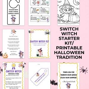 Utskrivbart byteshäxkit | Personlig Halloween-godisbytestradition för barn | Brev, certifikat, kuponger, målarbok och mer
