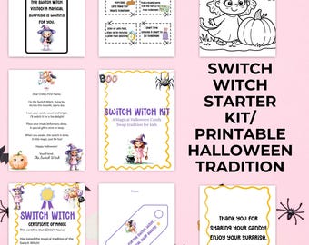 Kit imprimible de brujas Switch / Tradición de intercambio de dulces de Halloween personalizada para niños / Carta, certificado, cupones, para colorear y más