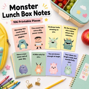 Può includere: Un set di 106 biglietti stampabili per il portapranzo a tema mostri, con carte colorate raffiguranti mostri dei cartoni animati e testi incoraggianti, esposti insieme a un portapranzo, uno zaino giallo, pastelli e clip.