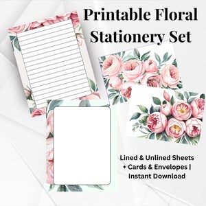 Printable Stationery Paper, Digital Floral Paper, Printable Lined Paper, Floral Stationery, Elegant Stationery
