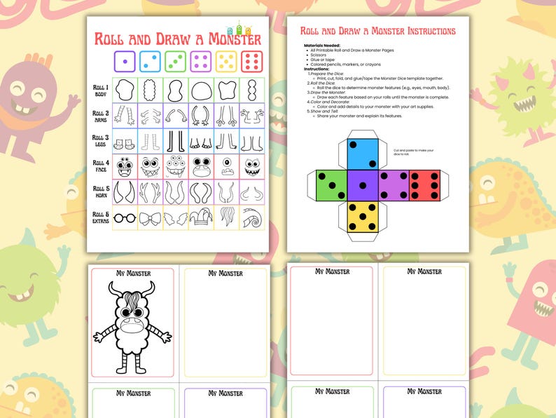May include: A printable game for kids to roll a dice and draw a monster. The game includes a dice template, monster body parts, and instructions. The game is designed to encourage creativity and imagination.