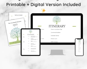 Itinerario para reunión familiar (versión digital imprimible y compatible con dispositivos móviles), agenda editable, carta de bienvenida y páginas de recuerdo.