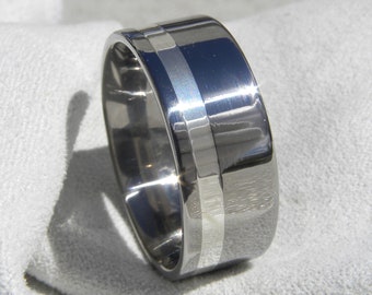 Wedding Ring, Titanium with Silver Inlay Stripe, Unisex Band, Polished Finish