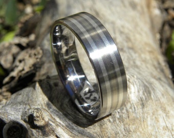 Titanium Wedding Band, White Gold, Sterling Silver Inlay Striped Ring