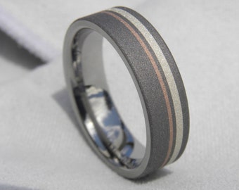 Ring Wedding Band Titanium With Rose Gold Pinstripes | Etsy