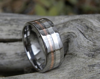 Comfortable Wedding Band - Titanium Copper Silver Ring, Shiny Polished