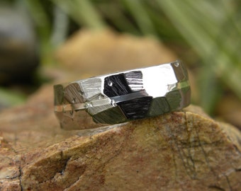 Titanium Silver Inlay Faceted Ring, Wedding Band, Polished Finish