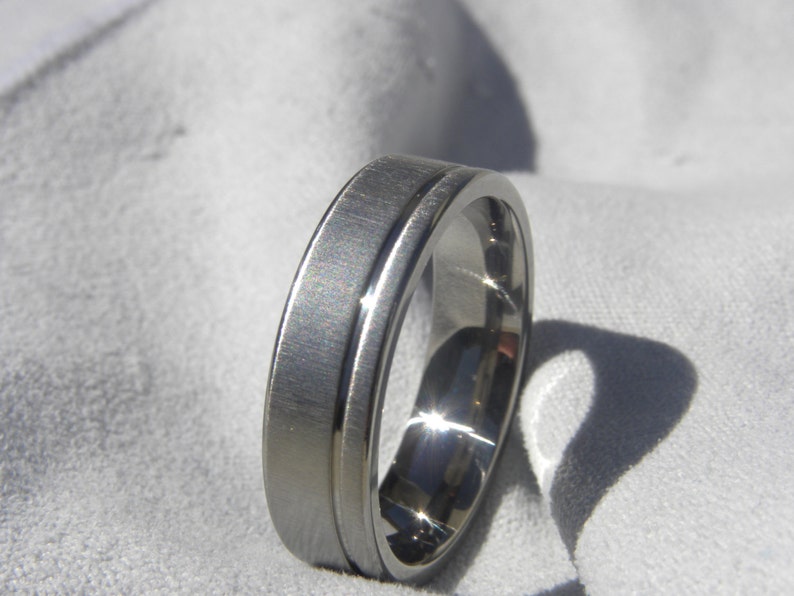 Wedding Band Frosted Finish Titanium Ring Offset Pinstripe Groove