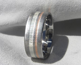 Ring, Titanium Silver Copper Stripe Band, Wedding, Anniversary, Frosted