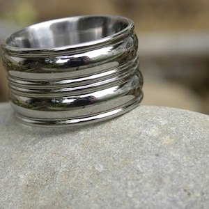 Unique Design, Wide Polished Titanium Ring, Mens, Womens, Wedding, Fashion