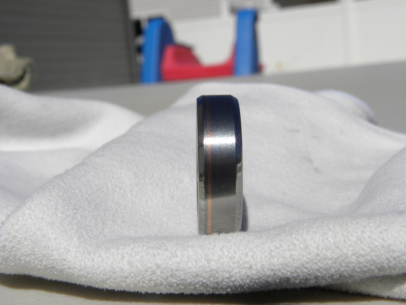 Comfort Fit Wedding Ring, Titanium with Rose Gold Pinstripe Inlay, Bevel Edge Band image 6