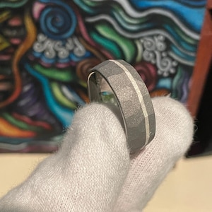 Mens Sandblasted Band, Titanium Silver Stripe, Ground Profile Ring