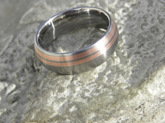 Matching Bands Titanium with Copper Stripe Inlay Satin Ring Set