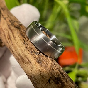 Modern Wedding Ring, Titanium Silver Stripe Band, Mens, Ladies, Offset Pinstripe 8mm (pictured)